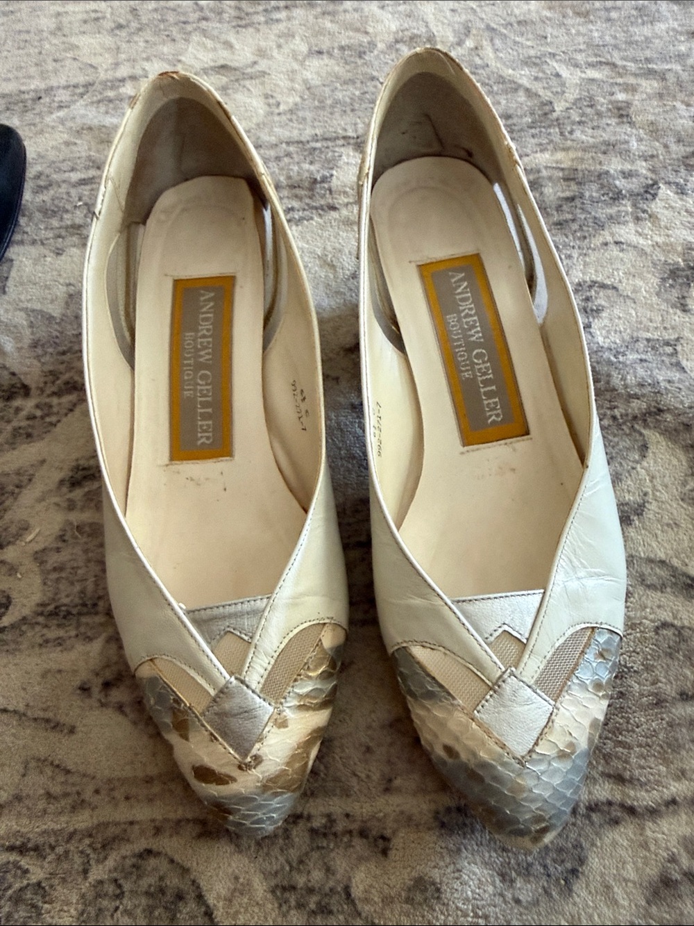 Andrew Geller Cream Pointed-Toe Flats with Snakeskin Accent